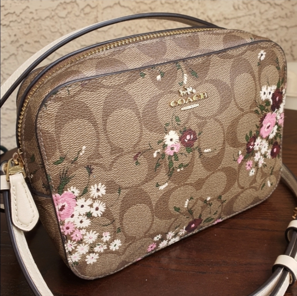 Coach Signature Evergreen Floral Camera Bag Coated Canvas Khaki Brown Crossbody